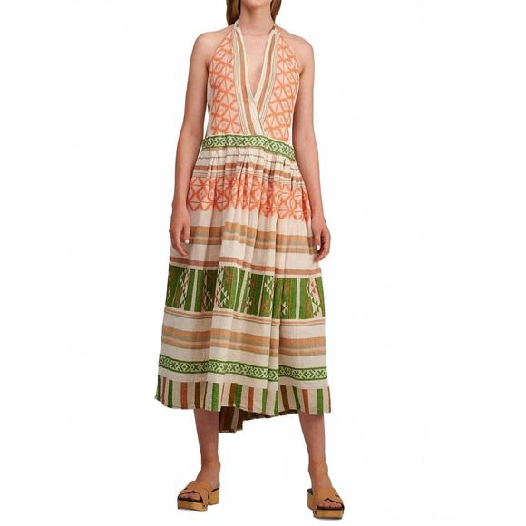 NEW PEARL AND CAVIAR elena halter midi dress in green multi